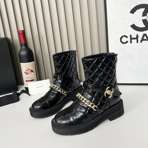 Chanel Chain Sock Ankle Boots Black Shiny Calfskin 597916