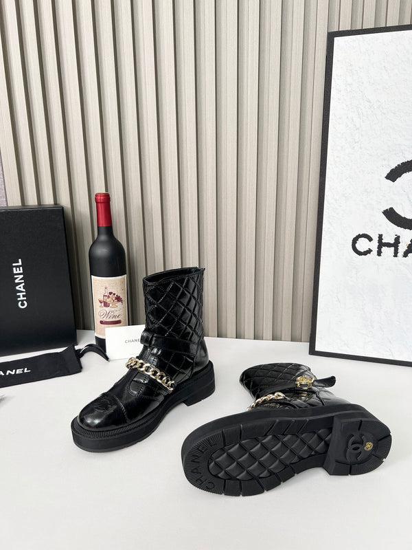 Chanel Chain Sock Ankle Boots Black Shiny Calfskin 597916