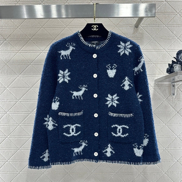 Cardigan en maille jacquard Chanel 26 bleu en fil de laine 801433