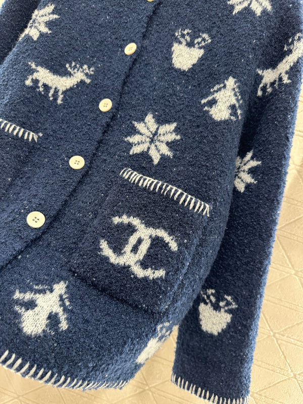 Cardigan en maille jacquard Chanel 26 bleu en fil de laine 801433