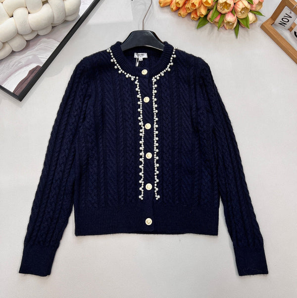 Cardigan Chanel Col Rond Maille Torsadée Bleu Marine en Laine 799529
