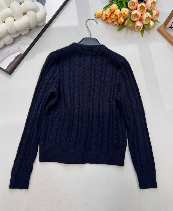Cardigan Chanel Col Rond Maille Torsadée Bleu Marine en Laine 799529