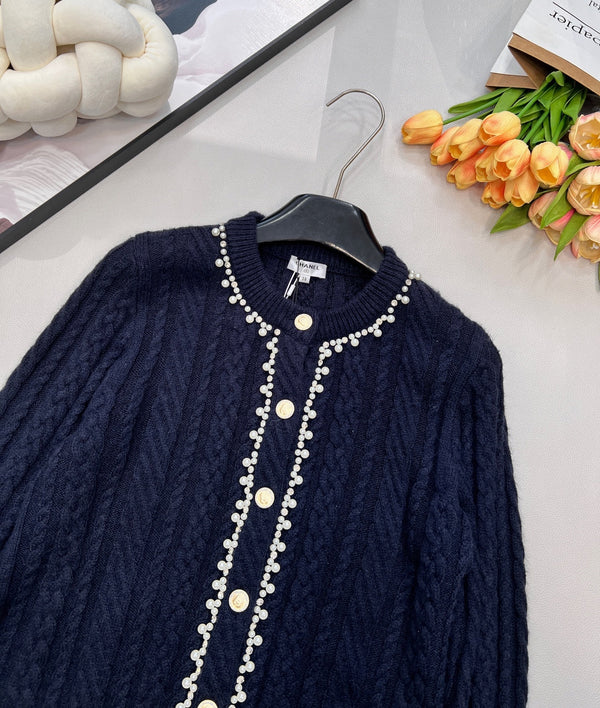 Cardigan Chanel Col Rond Maille Torsadée Bleu Marine en Laine 799529