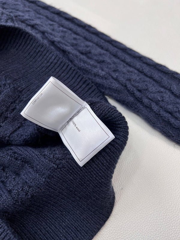 Cardigan Chanel Col Rond Maille Torsadée Bleu Marine en Laine 799529