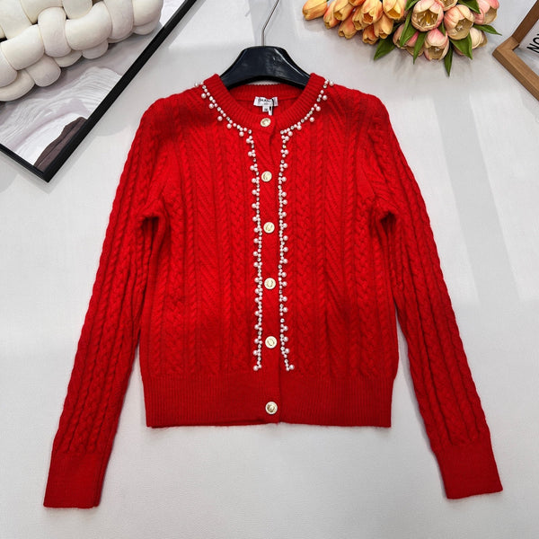 Cardigan ras du cou Chanel en maille torsadée rouge en laine 799524