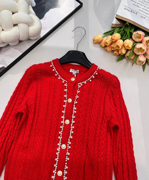 Cardigan ras du cou Chanel en maille torsadée rouge en laine 799524