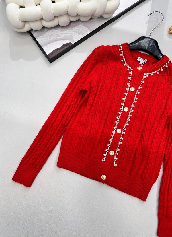 Cardigan ras du cou Chanel en maille torsadée rouge en laine 799524