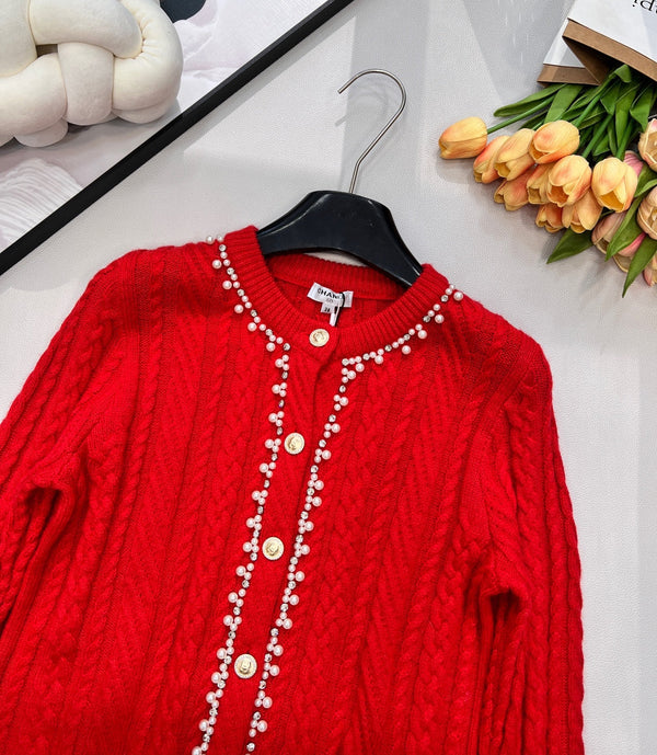 Cardigan ras du cou Chanel en maille torsadée rouge en laine 799524