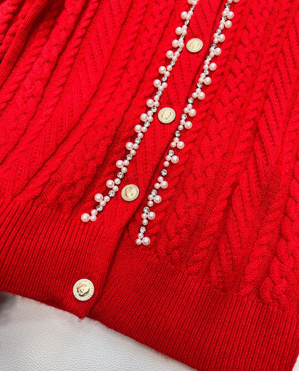 Cardigan ras du cou Chanel en maille torsadée rouge en laine 799524