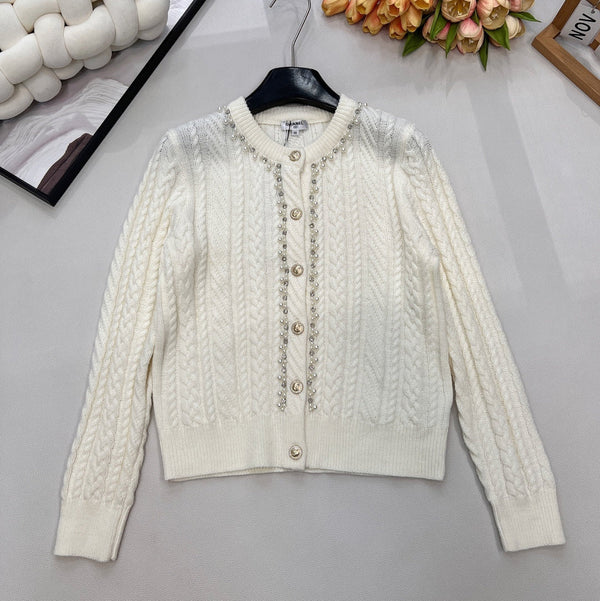 Cardigan col rond en maille torsadée Chanel blanc en laine 799518