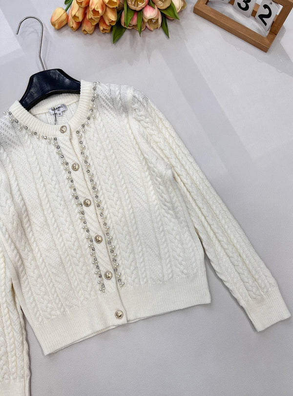 Cardigan col rond en maille torsadée Chanel blanc en laine 799518