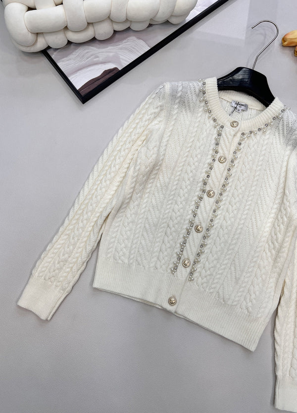 Cardigan col rond en maille torsadée Chanel blanc en laine 799518