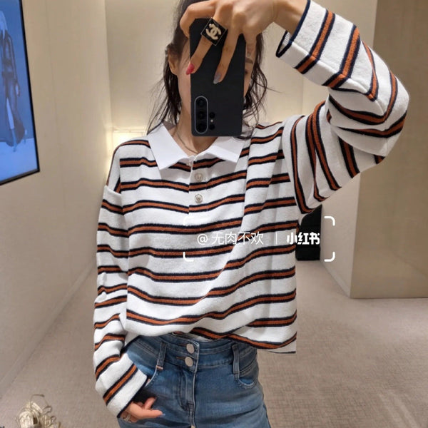 Chanel 26 Polo rayé color-block à col blanc rouge en laine mélangée 799250