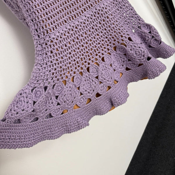 Robe longue évasée à manches longues en maille ajourée Chanel violet cachemire20254806