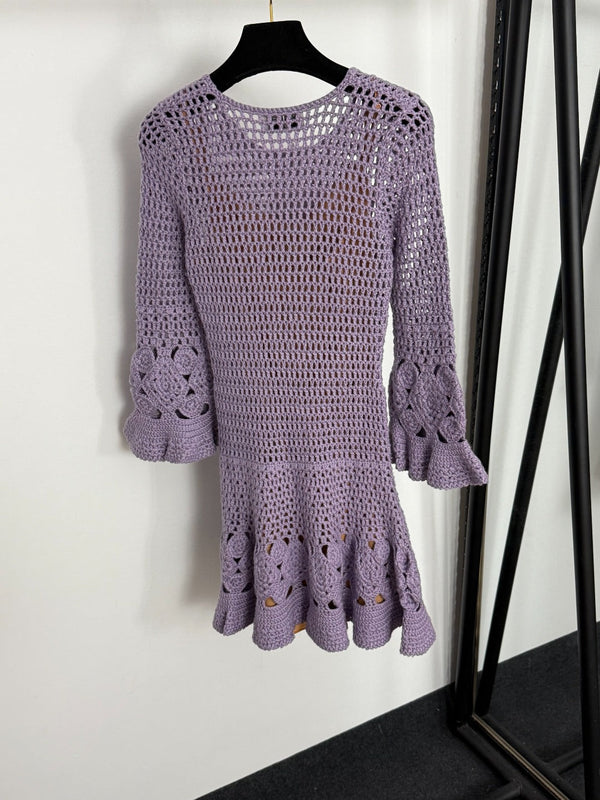 Robe longue évasée à manches longues en maille ajourée Chanel violet cachemire20254806