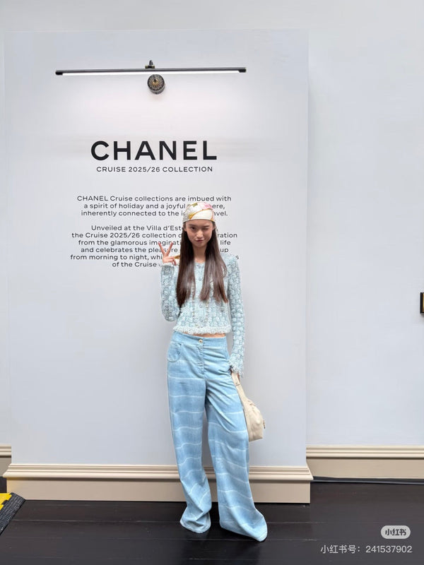 Chanel 26 Blue and White Round Neck Cardigan with Tassel Trim at the Hem