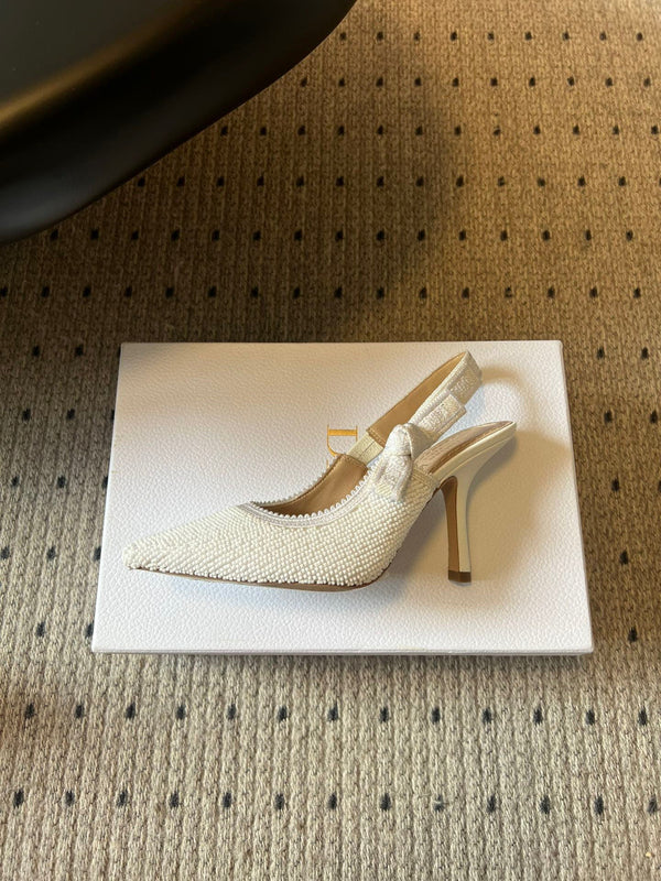 CD J'Adior Slingback heels 95 White in Cotton with Metallic Thread Embroidery 598135