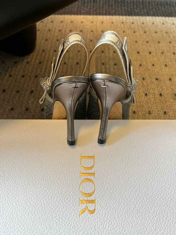 CD J'Adior Slingback heels 95 Gray in Cotton with Metallic Thread Embroidery 598133