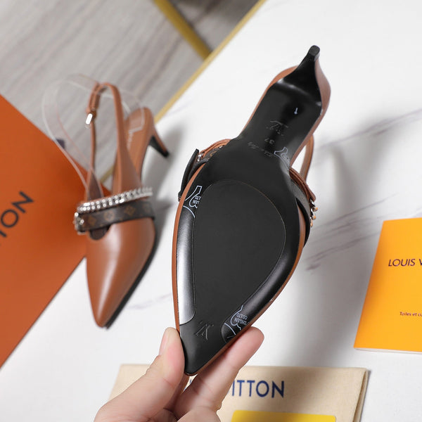 LV Vibe Slingback Pumps 55 Brown Glossy Naplak Leather 600670