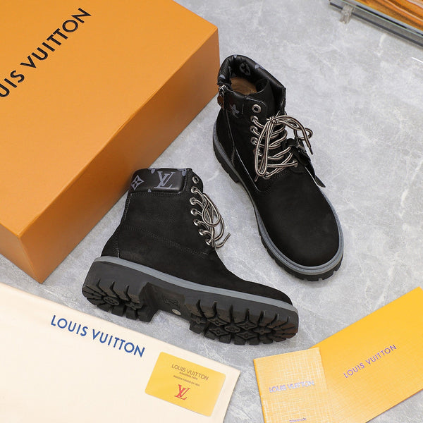 LV x Timberland Collaboration Monogram Black Ankle Boots 35 in Suede Cowhide Leather 600807