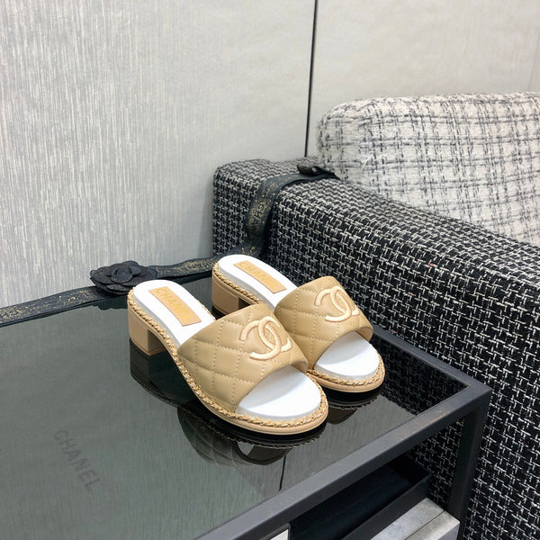 Chanel 26 High-Heeled Chain Slippers Beige in Lambskin 602481