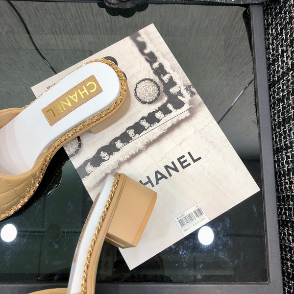 Chanel 26 High-Heeled Chain Slippers Beige in Lambskin 602481