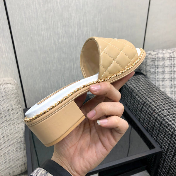 Chanel 26 High-Heeled Chain Slippers Beige in Lambskin 602481