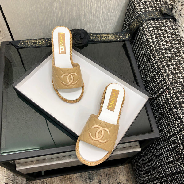 Chanel 26 High-Heeled Chain Slippers Beige in Lambskin 602481