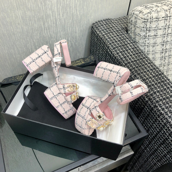 Chanel 26 Runway Style High-Heeled Sandals Pink in Tweed Fabric 602480