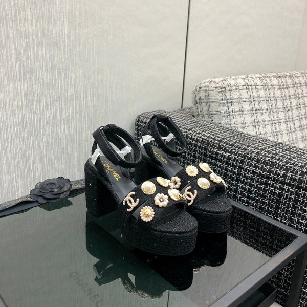 Chanel 26 Runway Style High-Heeled Sandals Black in Tweed Fabric 602477