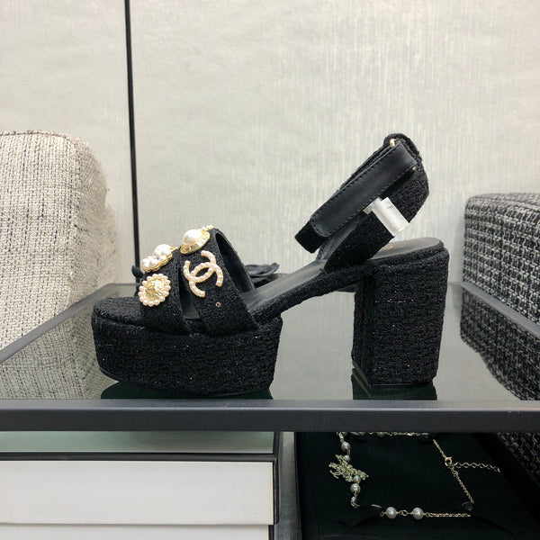 Chanel 26 Runway Style High-Heeled Sandals Black in Tweed Fabric 602477