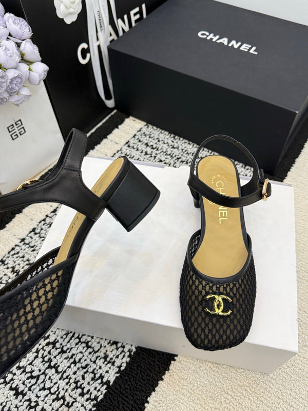 Chanel Square Toe Mary Jane Flats Black in Mesh fabric 602171