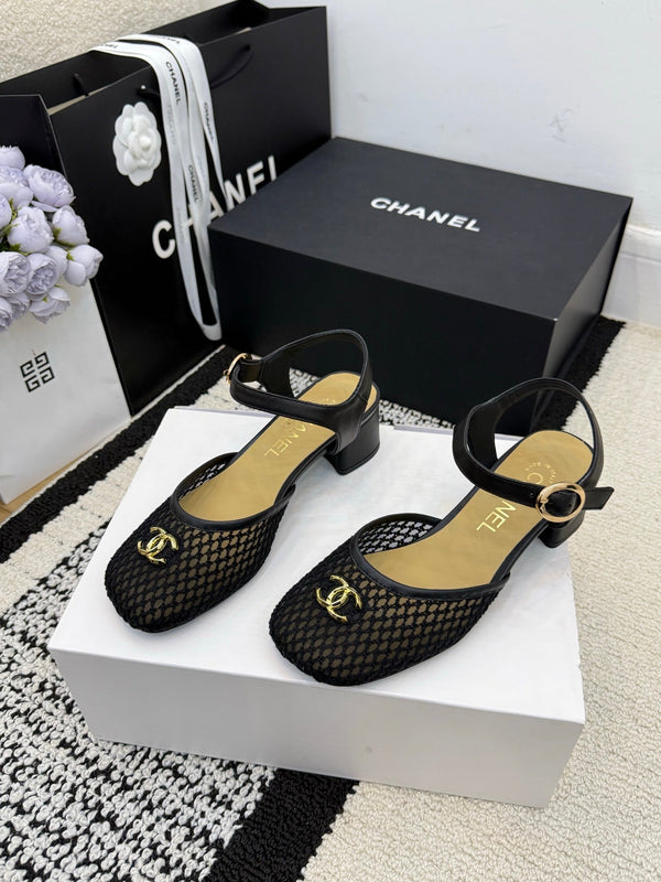 Chanel Square Toe Mary Jane Flats Black in Mesh fabric 602171