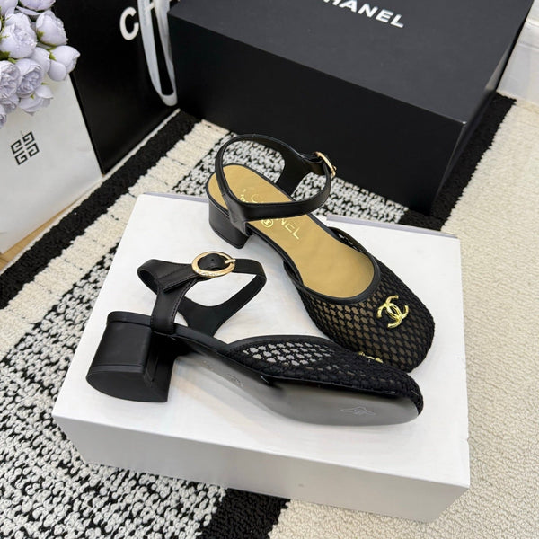 Chanel Square Toe Mary Jane Flats Black in Mesh fabric 602171