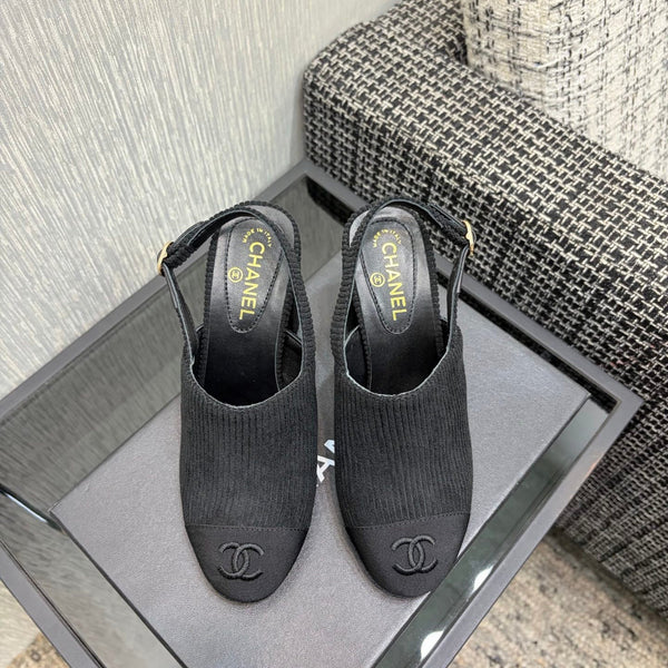 Chanel 26 Classic Chunky Heel Open Back Sandal 95 Black in Suede 602495