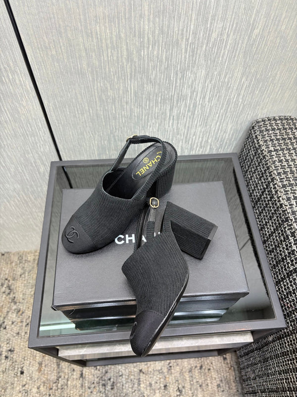 Chanel 26 Classic Chunky Heel Open Back Sandal 95 Black in Suede 602495