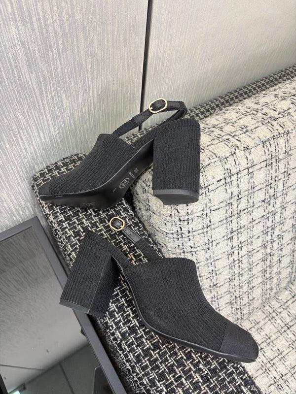 Chanel 26 Classic Chunky Heel Open Back Sandal 95 Black in Suede 602495