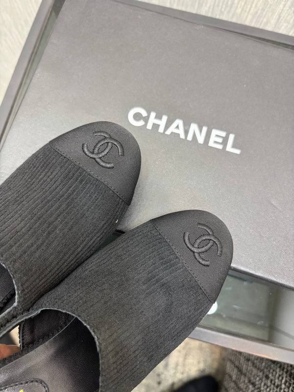 Chanel 26 Classic Chunky Heel Open Back Sandal 95 Black in Suede 602495