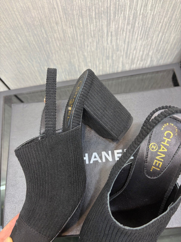 Chanel 26 Classic Chunky Heel Open Back Sandal 95 Black in Suede 602495