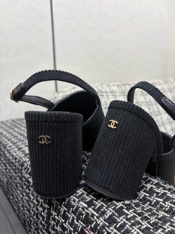 Chanel 26 Classic Chunky Heel Open Back Sandal 95 Black in Suede 602495