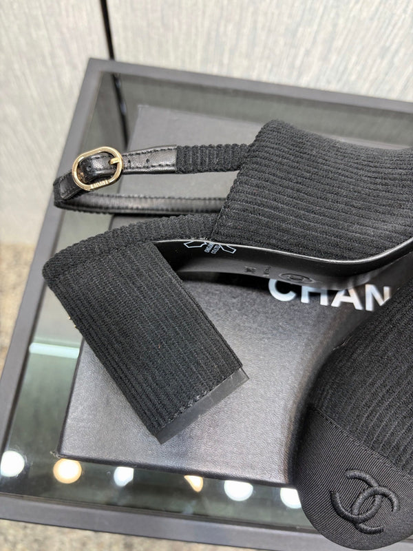 Chanel 26 Classic Chunky Heel Open Back Sandal 95 Black in Suede 602495