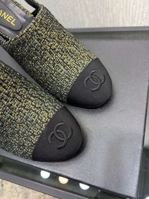 Chanel 26 Classic Chunky Heel Open Back Sandal 95 Olive Green in Tweed Fabric 602496