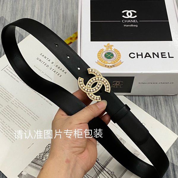 CC Women's Belt 3.0CM Black Cowhide Gold Pearl Buckle 586521