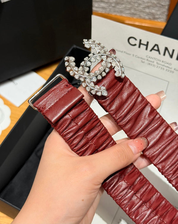 CC Elastic Waist Belt 3.0CM Red Brown Leather Sliver Diamond Buckle 195947