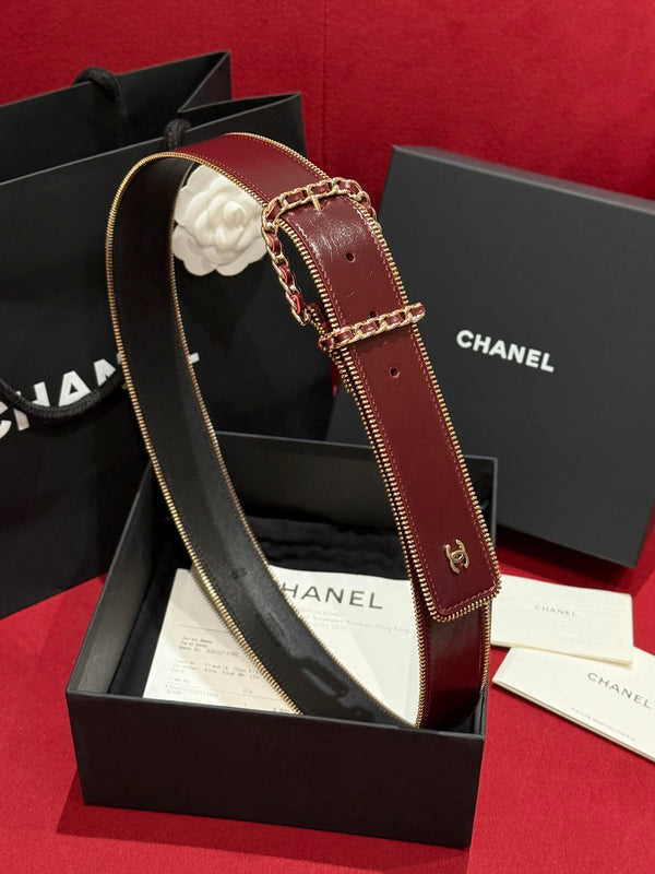CC Zippered Belt 4.0CM Burgundy Leather Buckle 182744