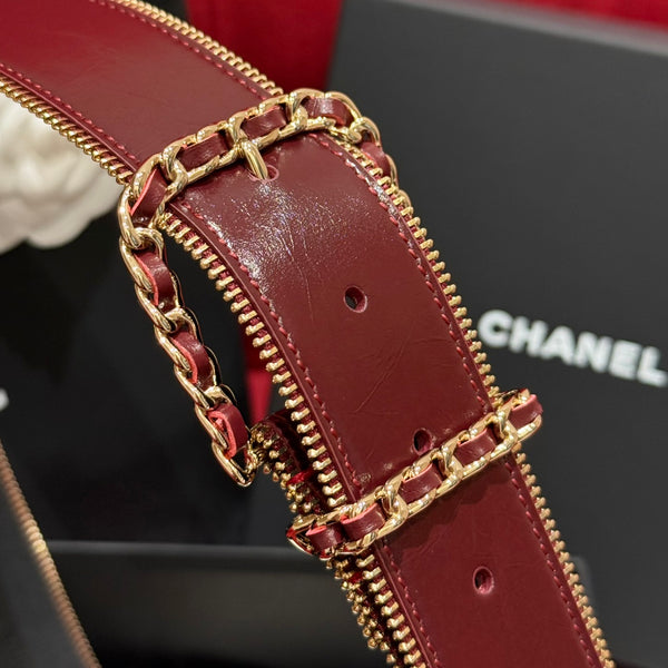 CC Zippered Belt 4.0CM Burgundy Leather Buckle 182744