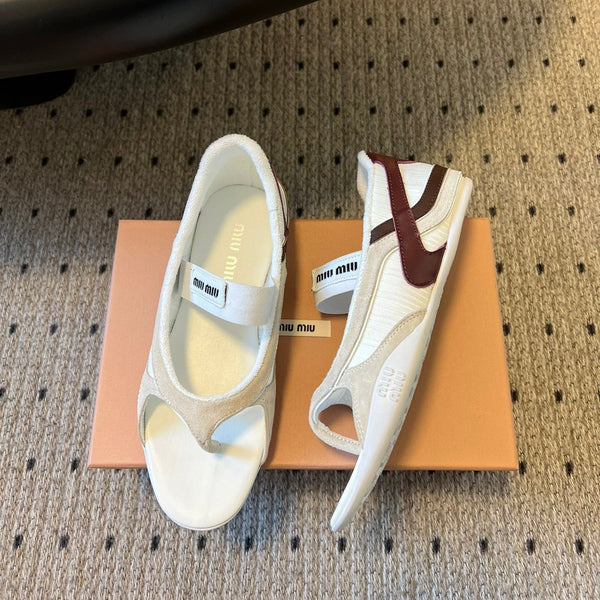 Miu Miu 26 Mary Jane Tongs Décontractées Blanc Marron en Tissu Maille 614740