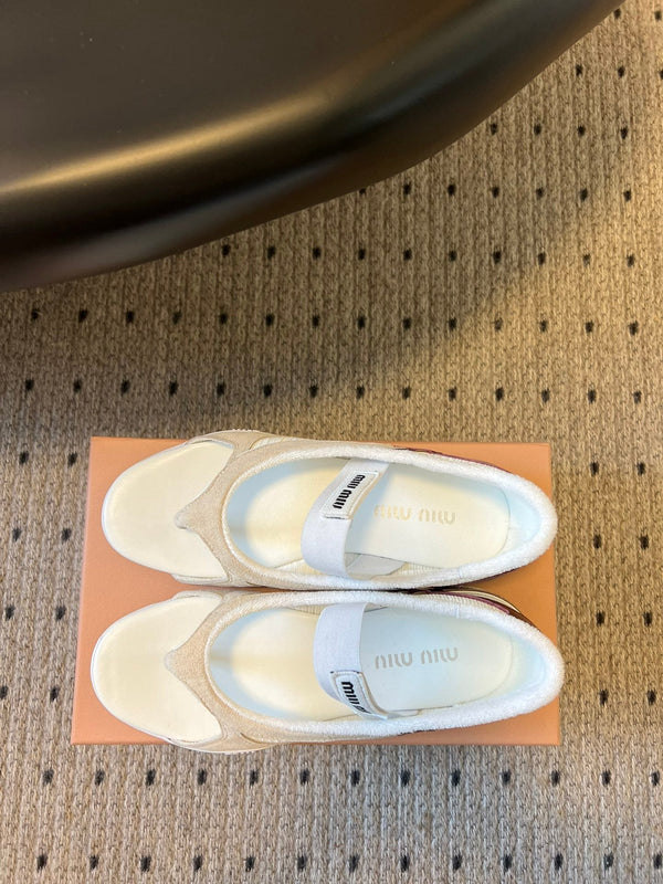 Miu Miu 26 Mary Jane Tongs Décontractées Blanc Marron en Tissu Maille 614740