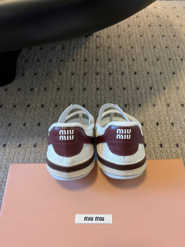 Miu Miu 26 Mary Jane Tongs Décontractées Blanc Marron en Tissu Maille 614740