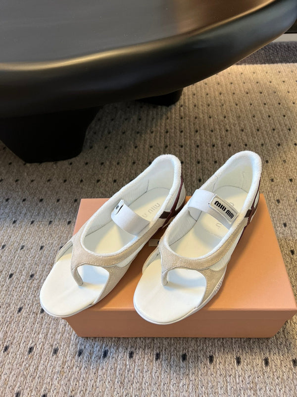 Miu Miu 26 Mary Jane Tongs Décontractées Blanc Marron en Tissu Maille 614740